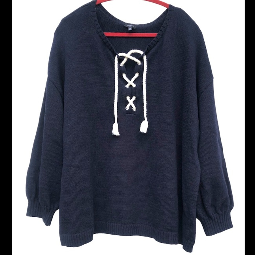 Talbots navy blue sweater with cross cross rope neckline size 1XP
